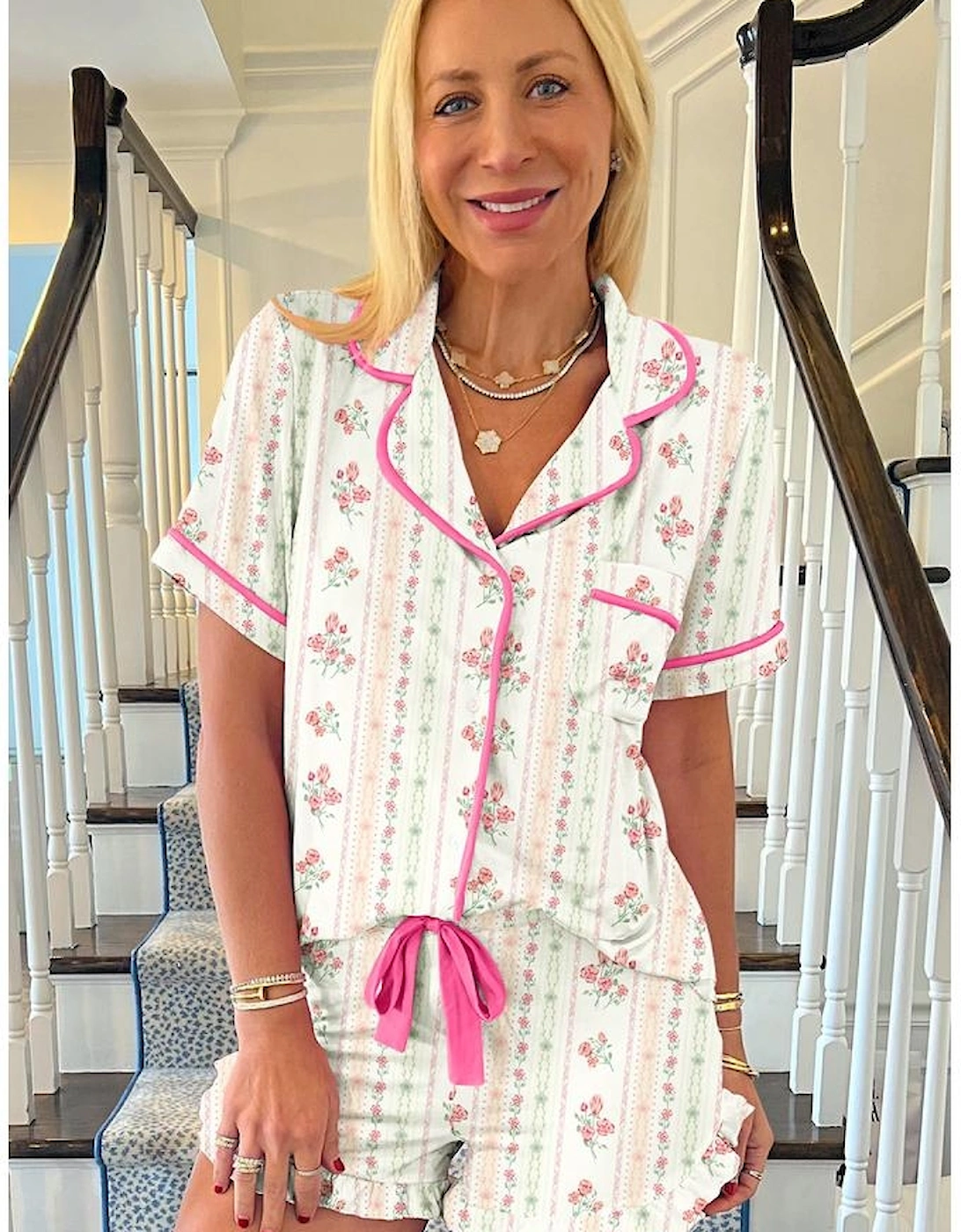 Beige Floral Print Contrast Pipping Short Pajamas Set, 4 of 3