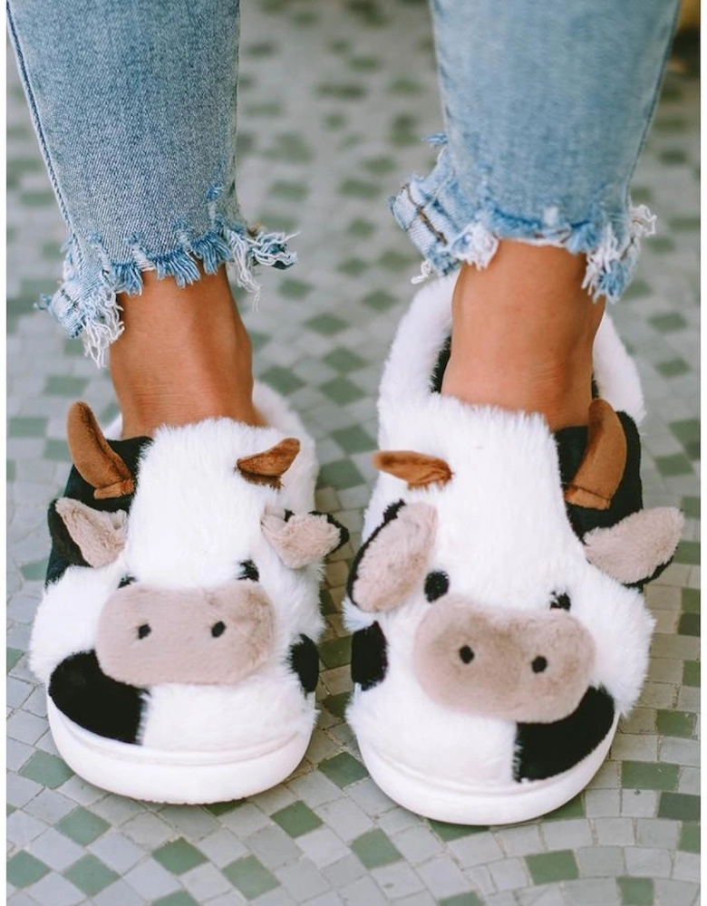 White Cartoon Animal Cow Plush Slippers
