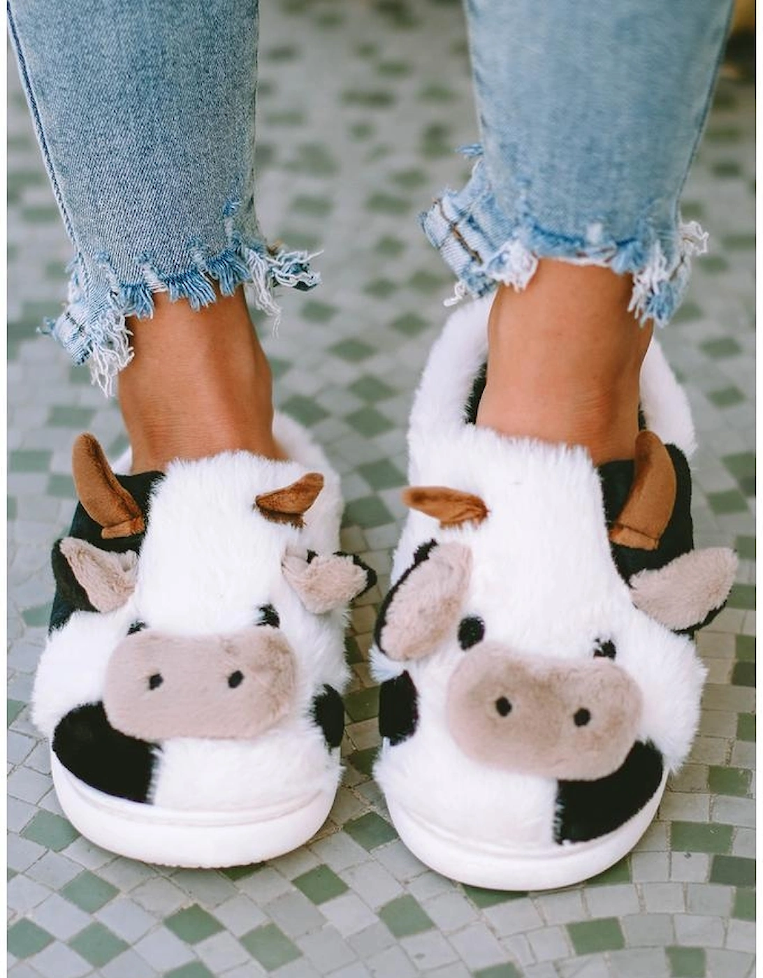 White Cartoon Animal Cow Plush Slippers