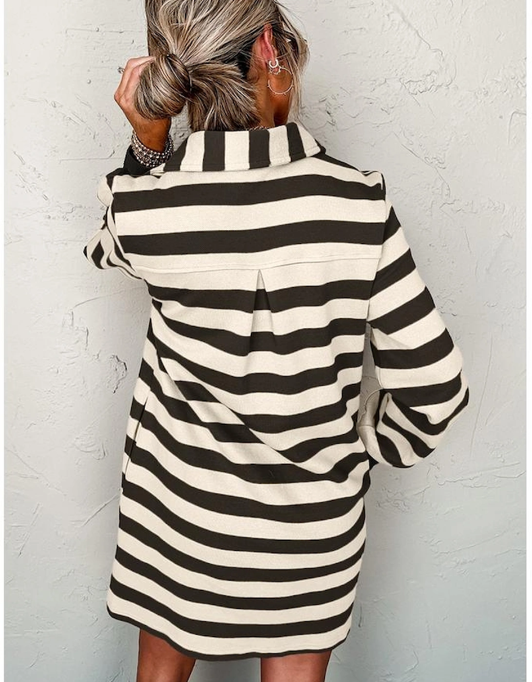 Black Stripe Collared V Neck Long Sleeve Loose Casual Dress