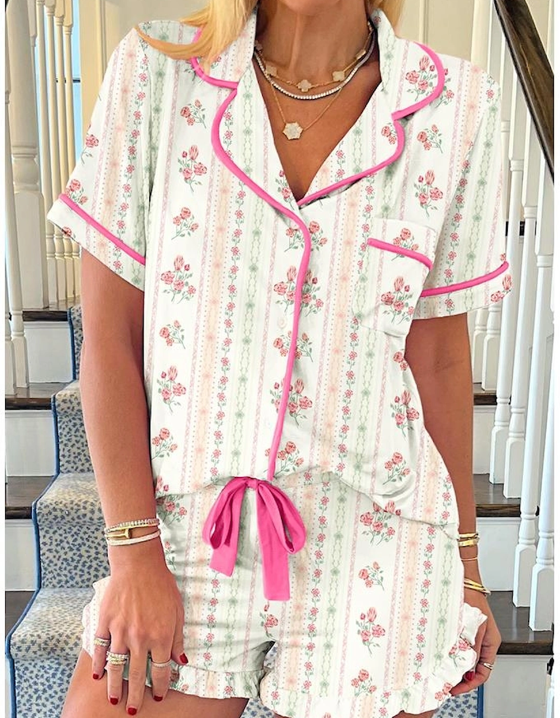 Beige Floral Print Contrast Pipping Short Pajamas Set