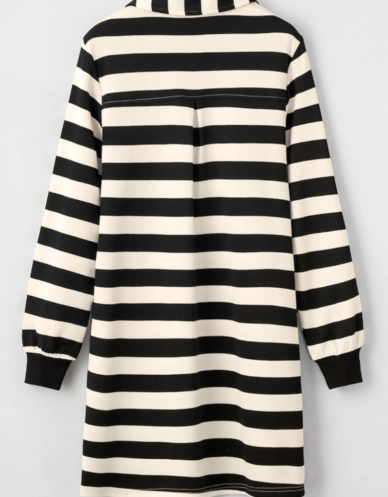 Black Stripe Collared V Neck Long Sleeve Loose Casual Dress