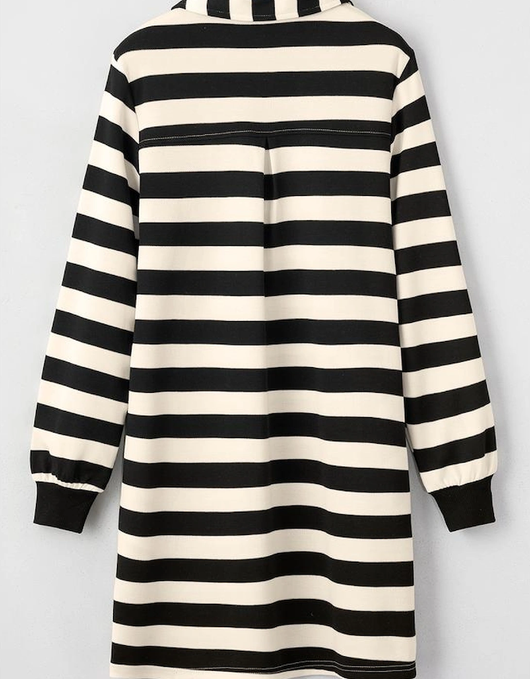 Black Stripe Collared V Neck Long Sleeve Loose Casual Dress