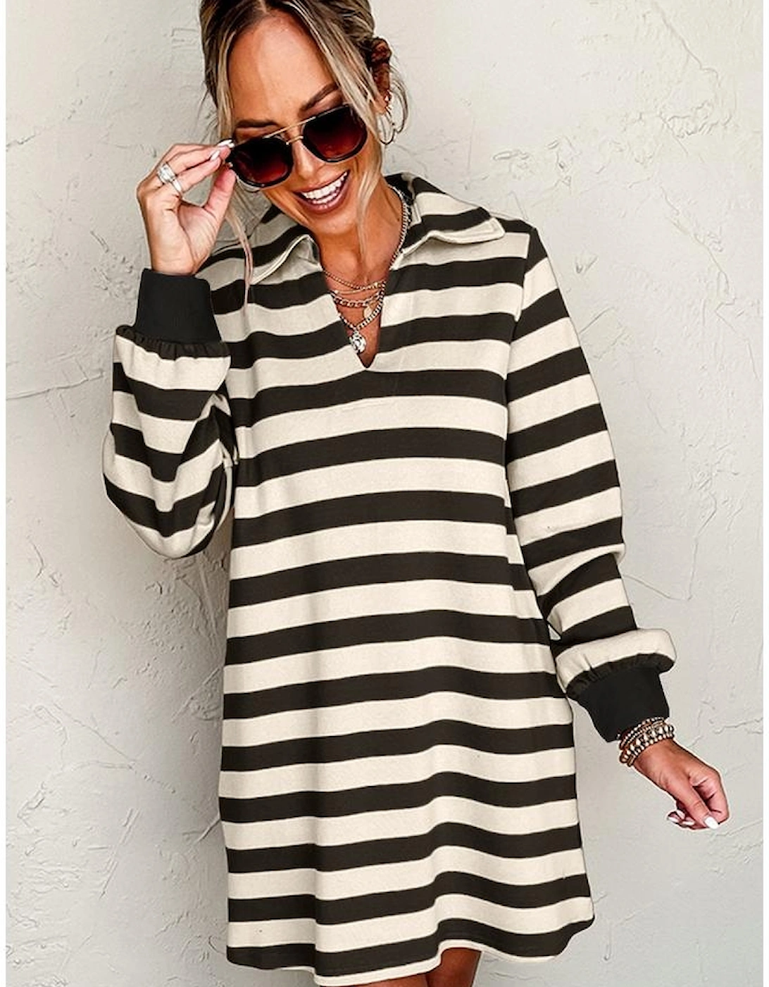 Black Stripe Collared V Neck Long Sleeve Loose Casual Dress