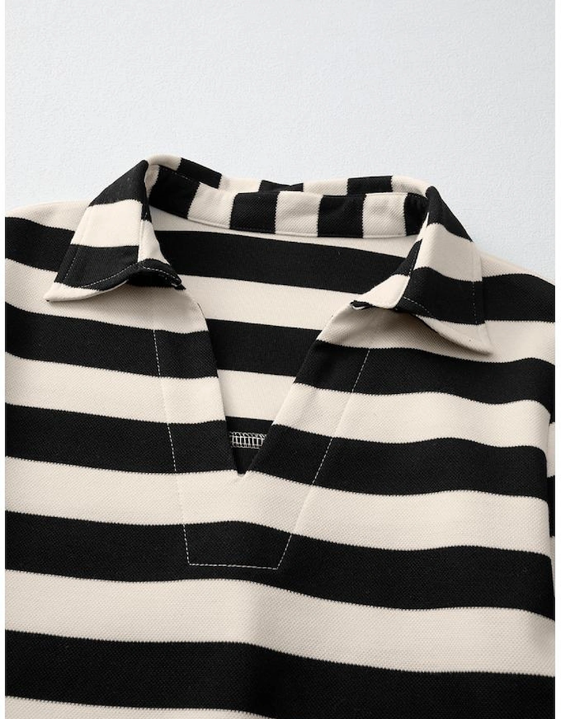 Black Stripe Collared V Neck Long Sleeve Loose Casual Dress