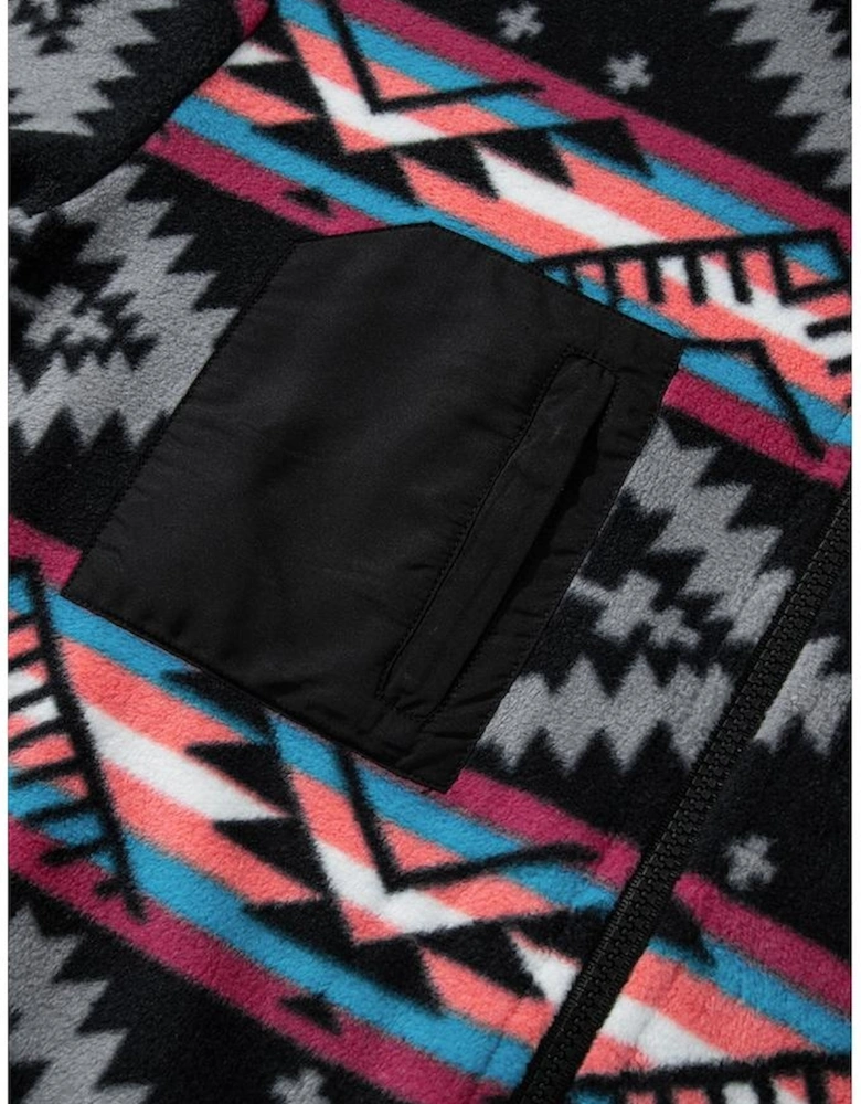 Black Aztec Printed Zip Up Collar Jacket