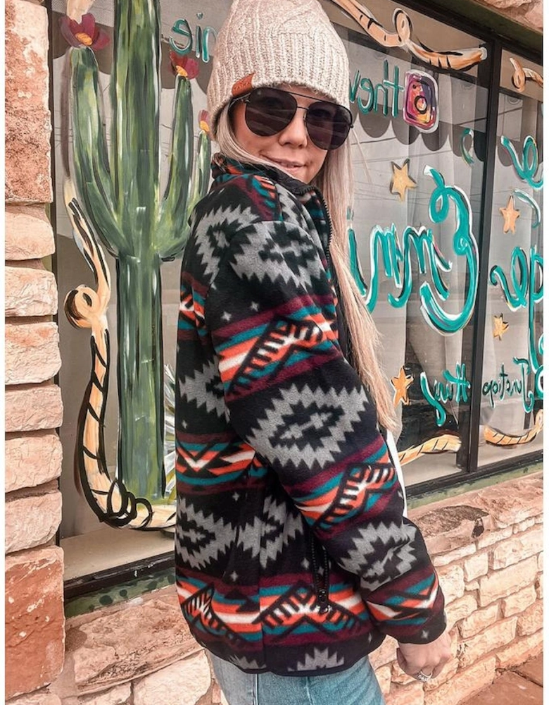 Black Aztec Printed Zip Up Collar Jacket