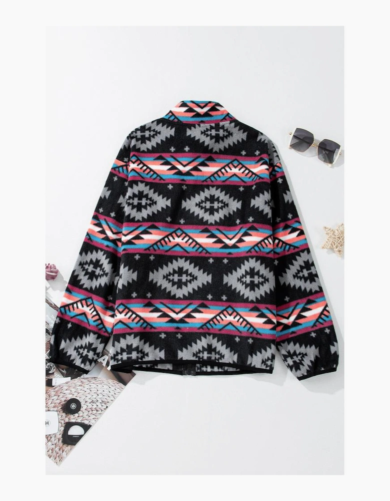 Black Aztec Printed Zip Up Collar Jacket