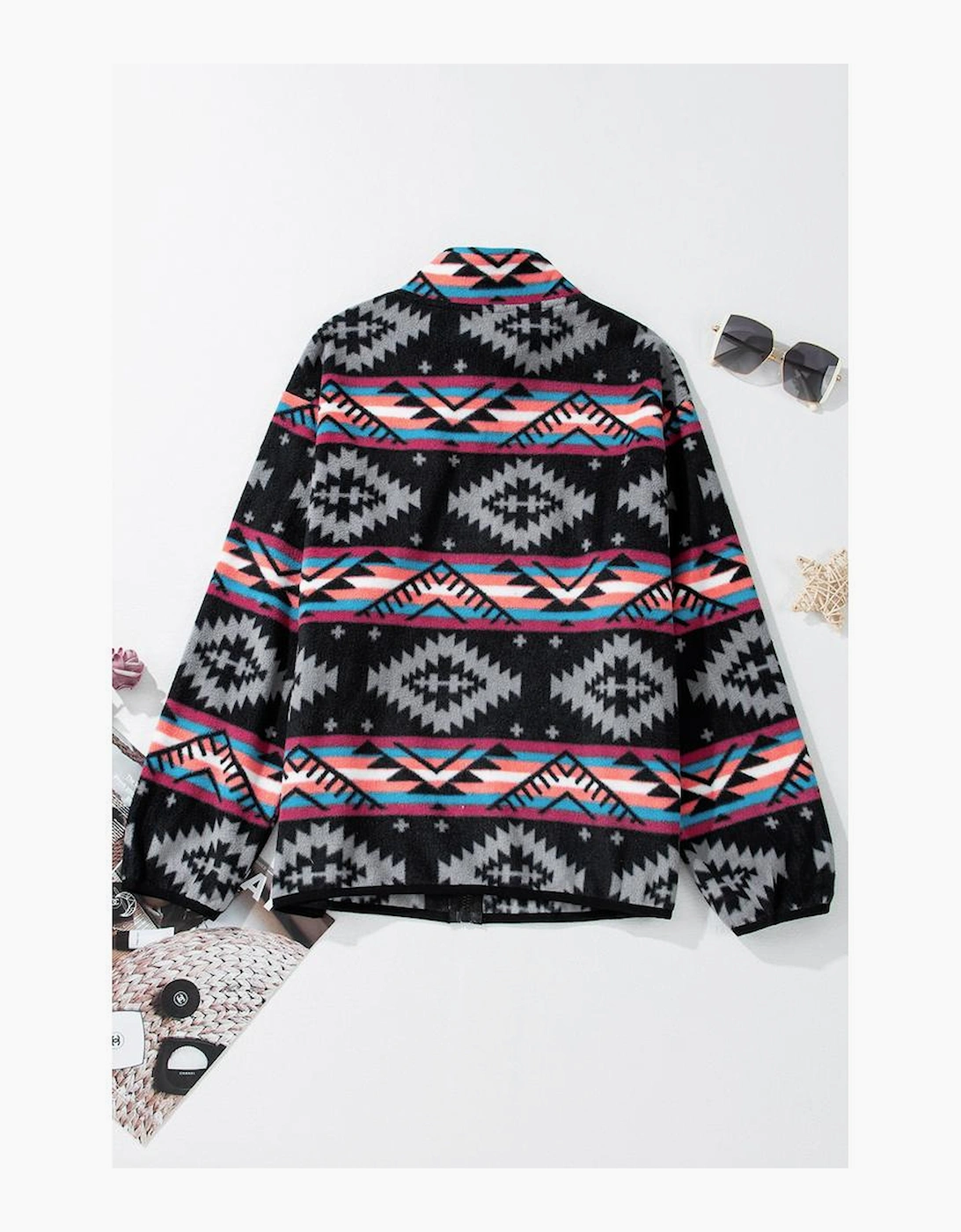 Black Aztec Printed Zip Up Collar Jacket