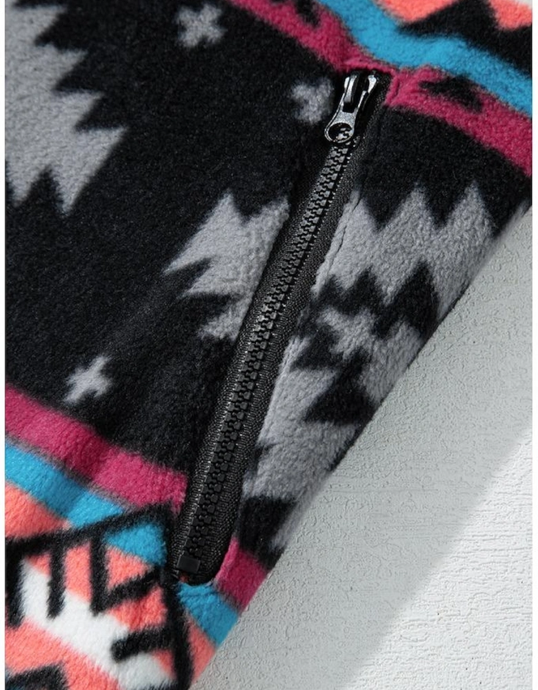 Black Aztec Printed Zip Up Collar Jacket
