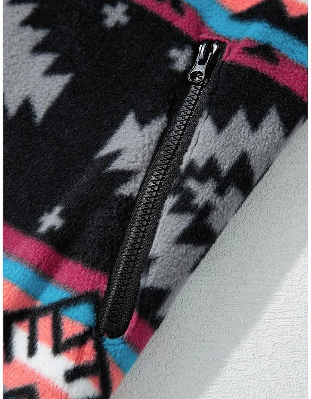 Black Aztec Printed Zip Up Collar Jacket