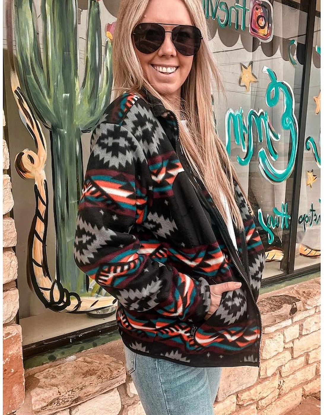 Black Aztec Printed Zip Up Collar Jacket