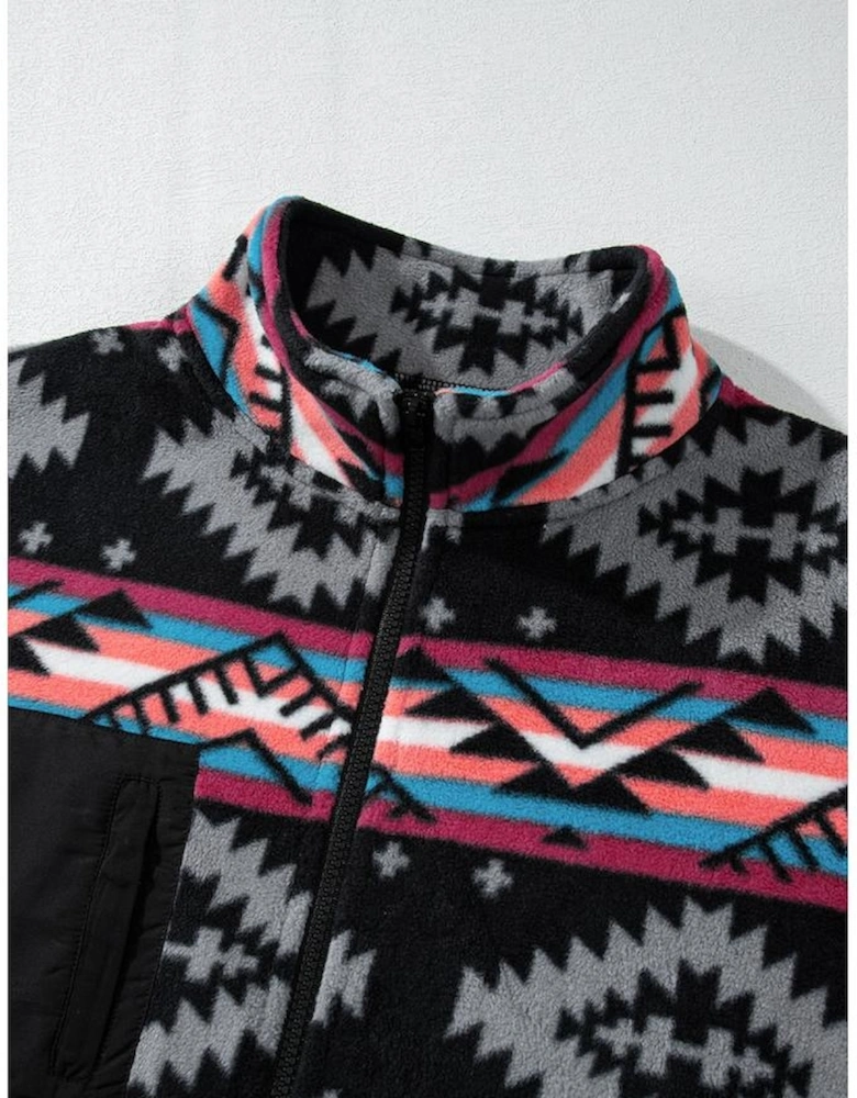 Black Aztec Printed Zip Up Collar Jacket