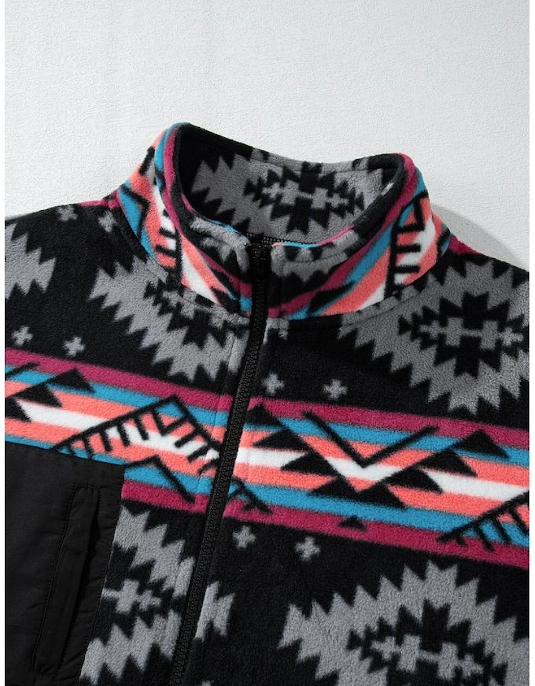 Black Aztec Printed Zip Up Collar Jacket