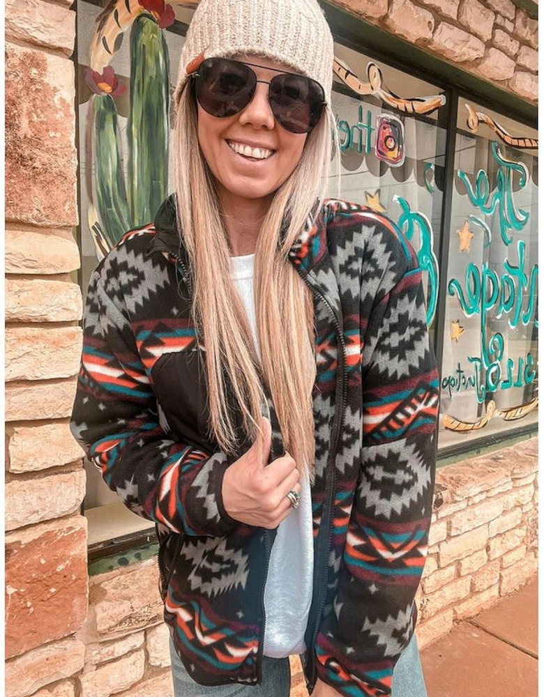 Black Aztec Printed Zip Up Collar Jacket