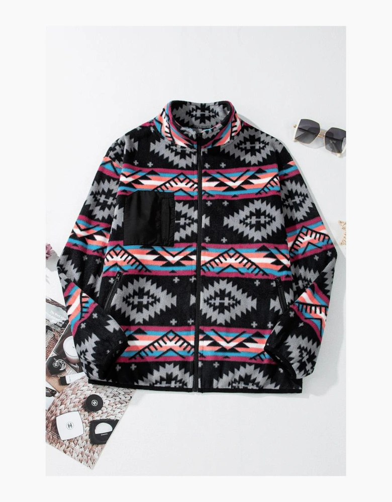 Black Aztec Printed Zip Up Collar Jacket