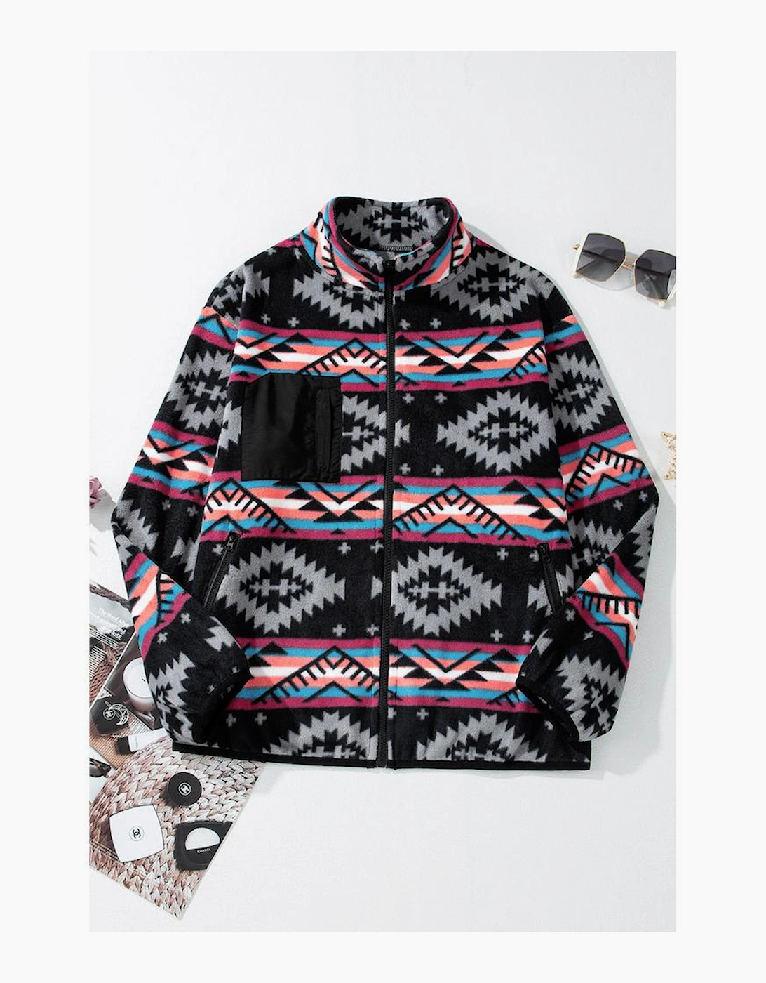 Black Aztec Printed Zip Up Collar Jacket