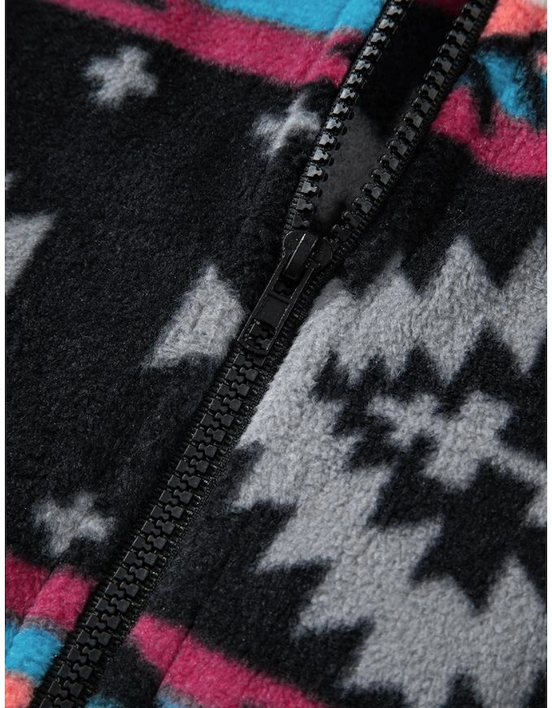 Black Aztec Printed Zip Up Collar Jacket