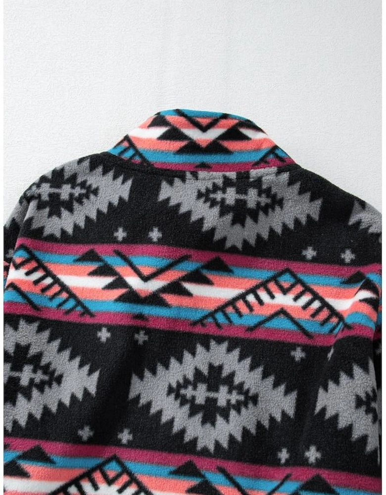 Black Aztec Printed Zip Up Collar Jacket