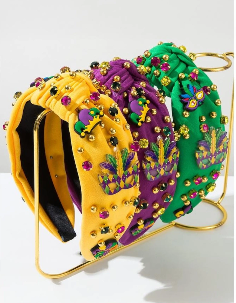 Tillandsia Purple Mardi Gras Rhinestone Beaded Knotted Wide Headband