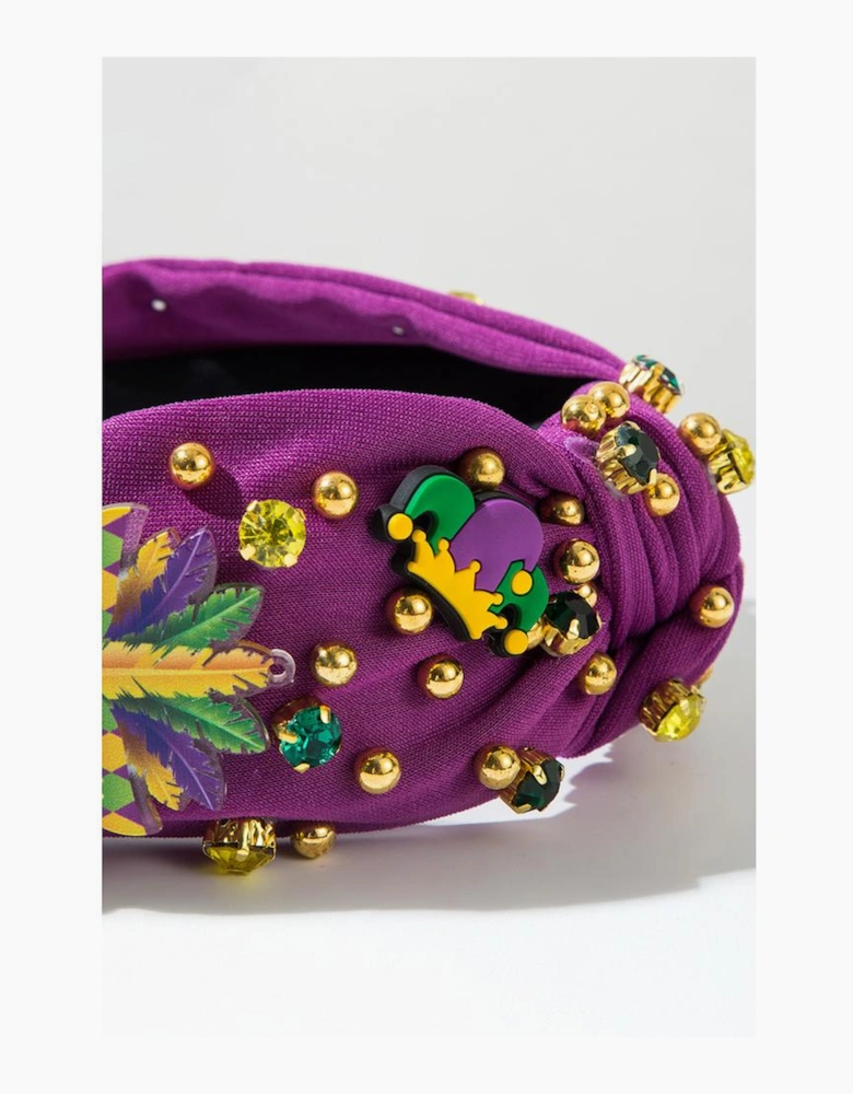 Tillandsia Purple Mardi Gras Rhinestone Beaded Knotted Wide Headband