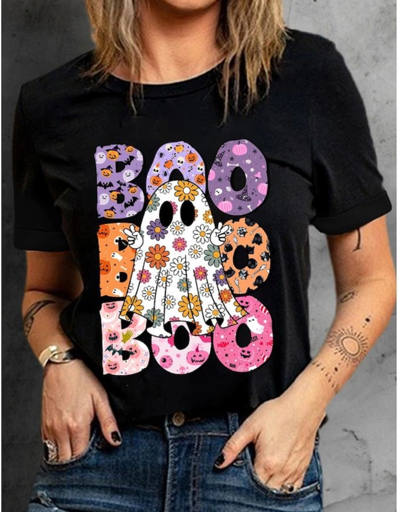 Black BOO Floral Ghost Print Crew Neck Halloween T Shirt