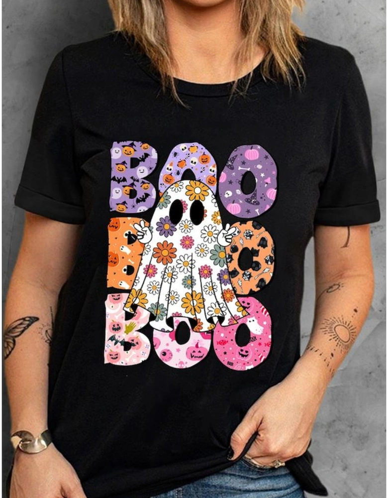 Black BOO Floral Ghost Print Crew Neck Halloween T Shirt