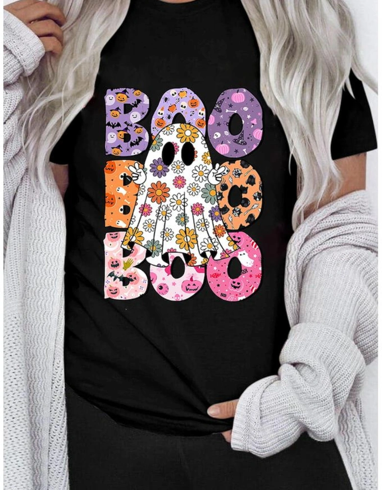 Black BOO Floral Ghost Print Crew Neck Halloween T Shirt