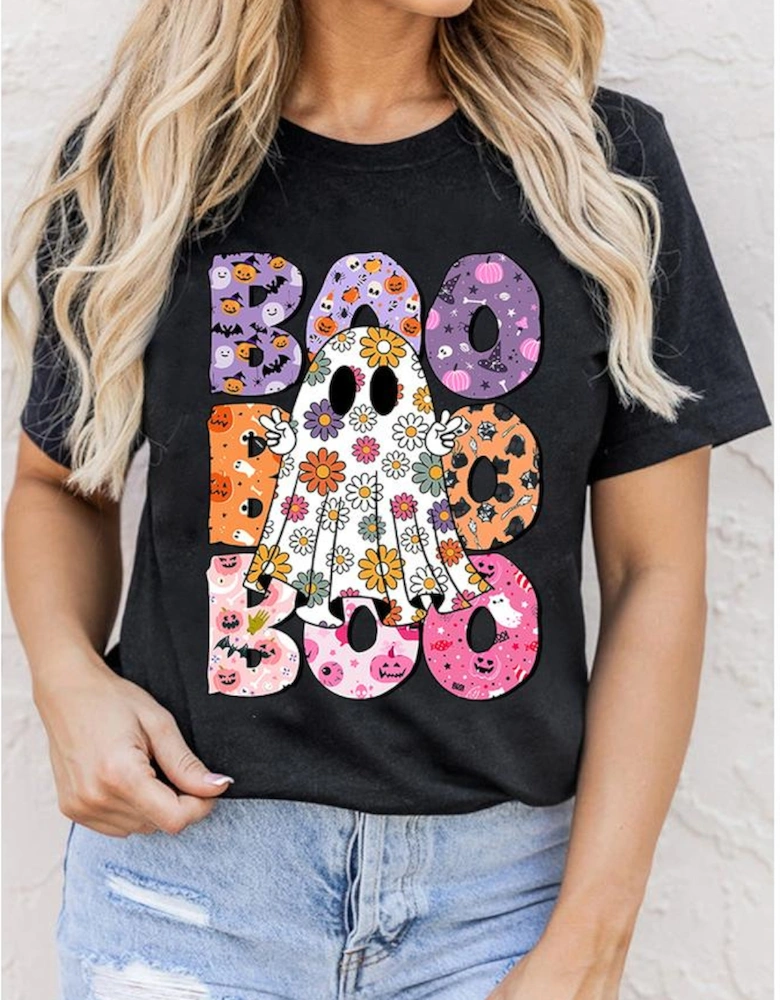 Black BOO Floral Ghost Print Crew Neck Halloween T Shirt