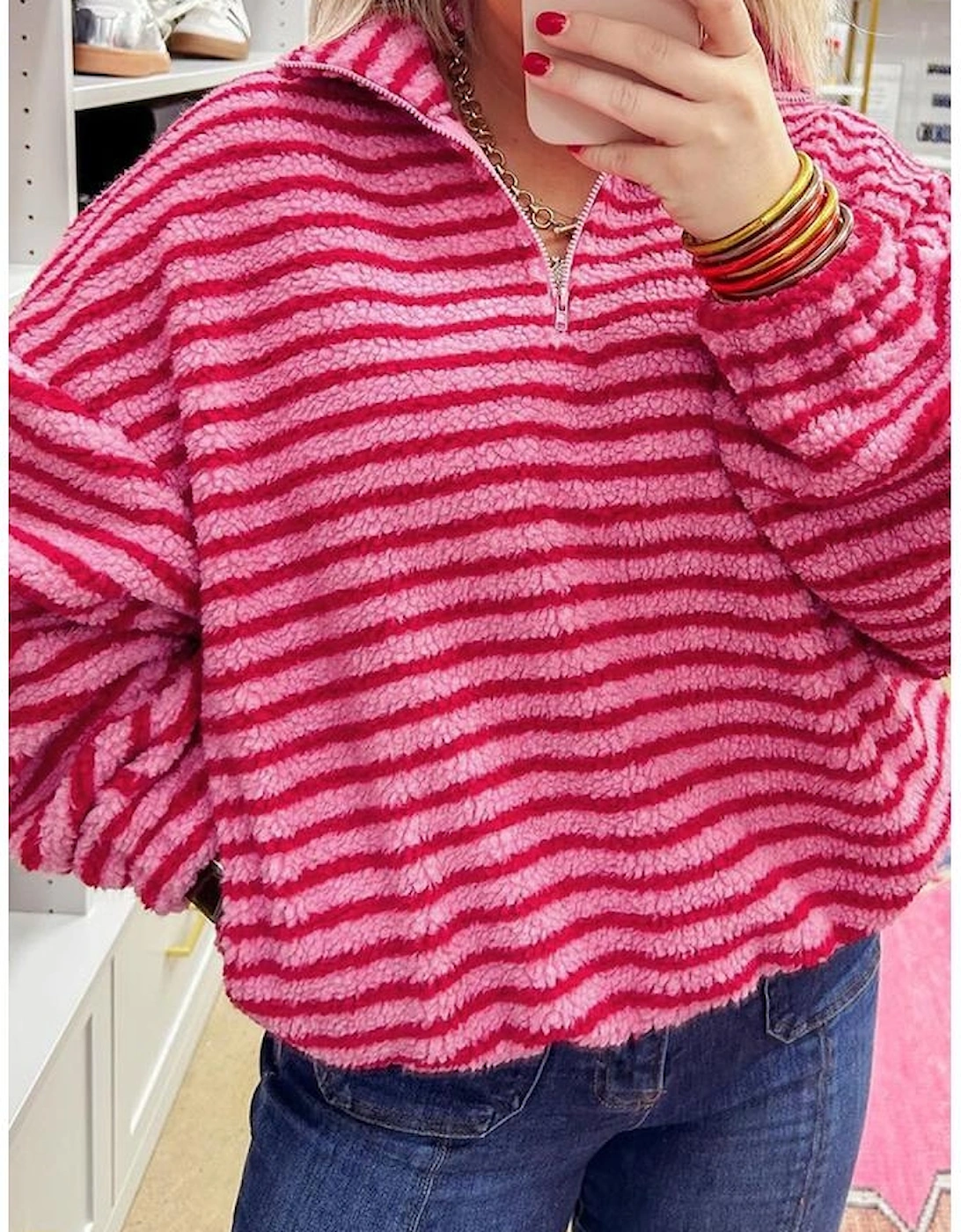 Pink Stripe Quarter Zip Fleece Oversize Sweatshirt