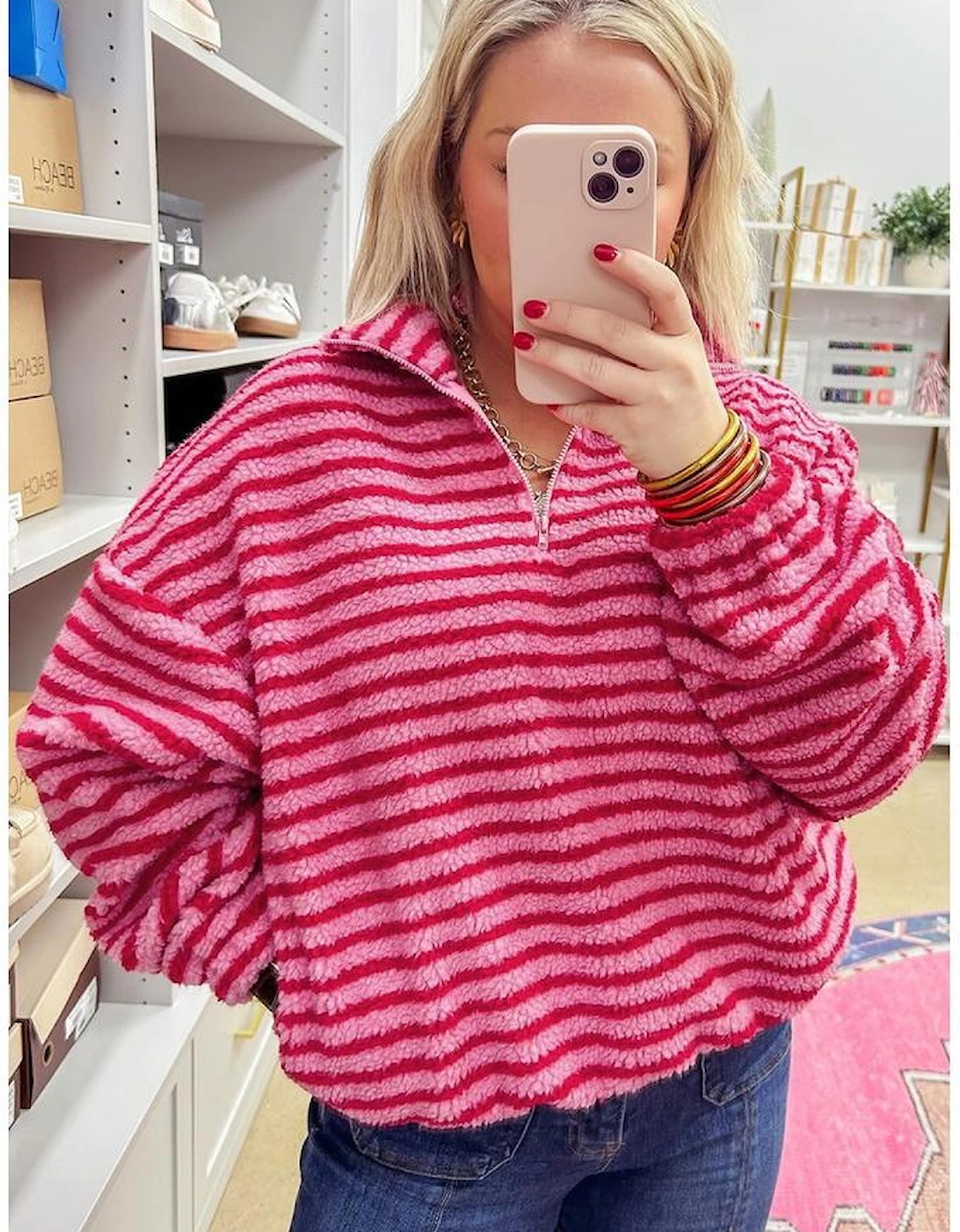 Pink Stripe Quarter Zip Fleece Oversize Sweatshirt