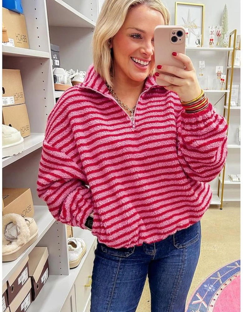 Pink Stripe Quarter Zip Fleece Oversize Sweatshirt