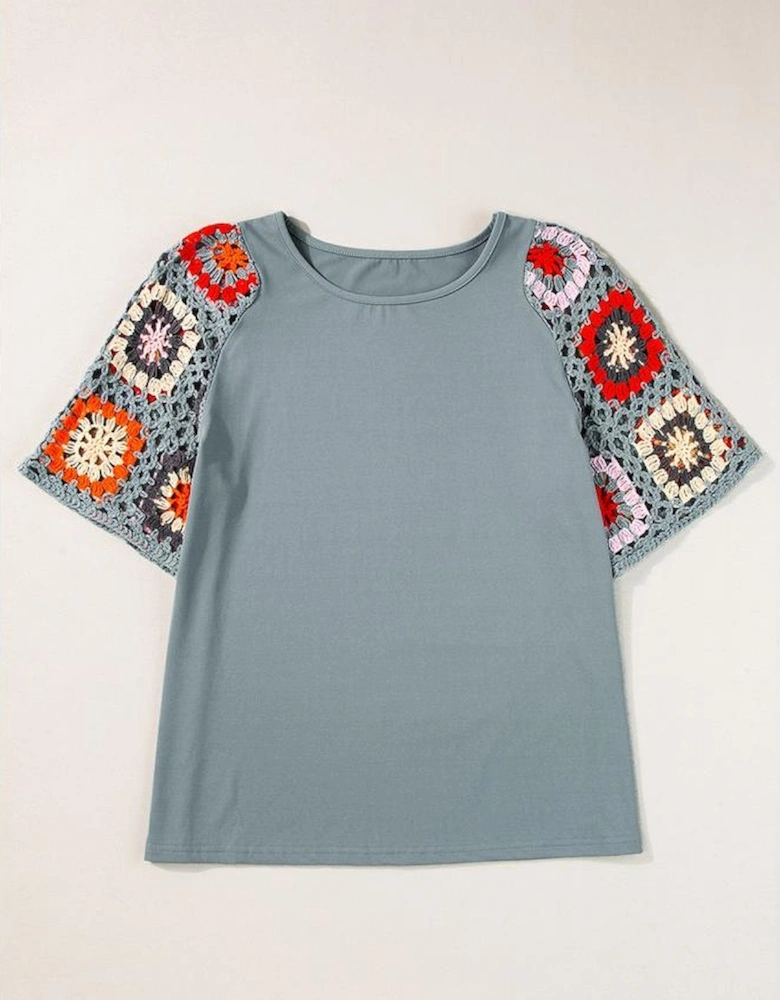 Medium Grey Floral Crochet Short Sleeve Top