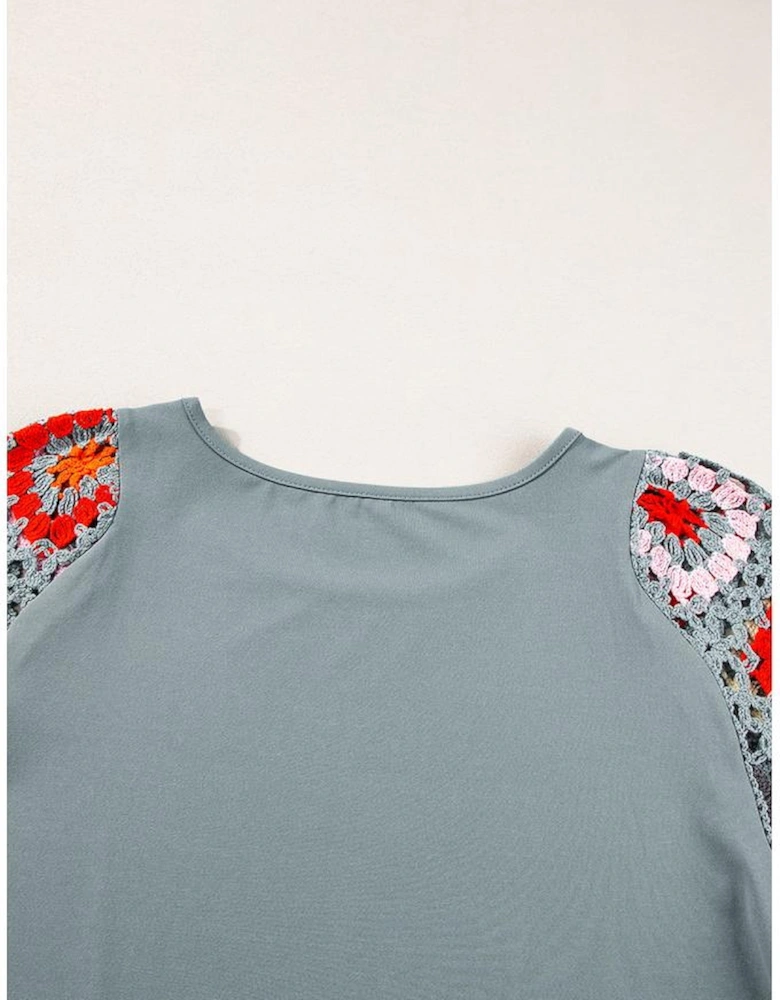 Medium Grey Floral Crochet Short Sleeve Top