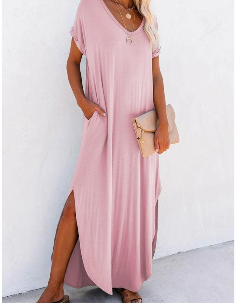 Pink V Neck Hidden Pocket Splits Maxi T-shirt Dress