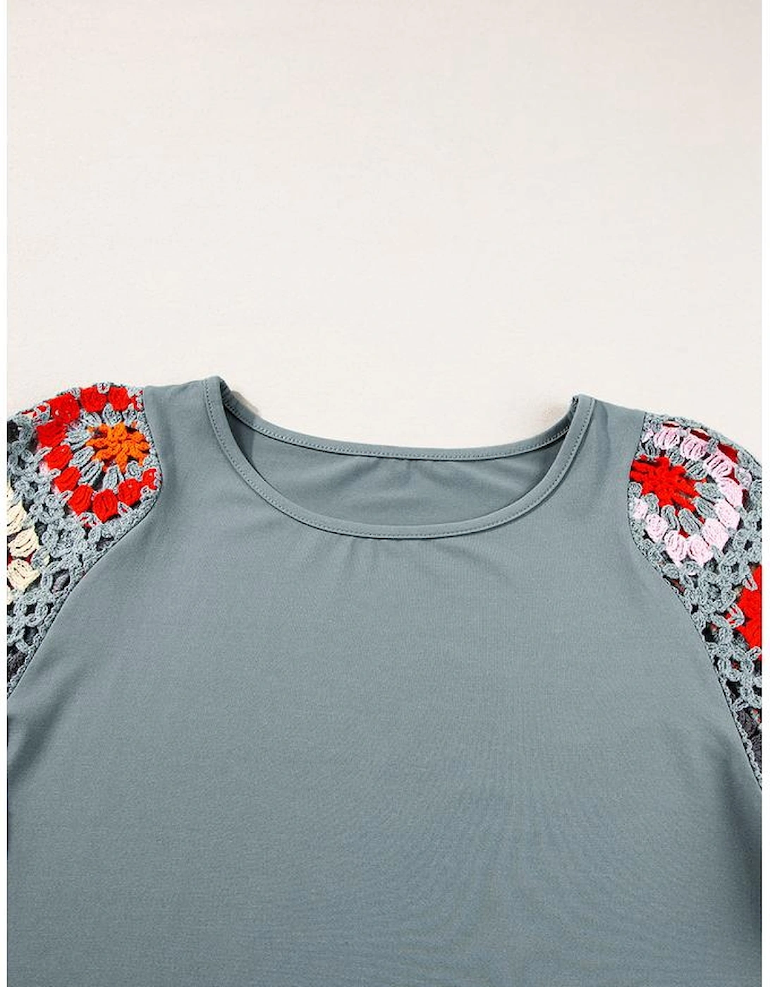 Medium Grey Floral Crochet Short Sleeve Top