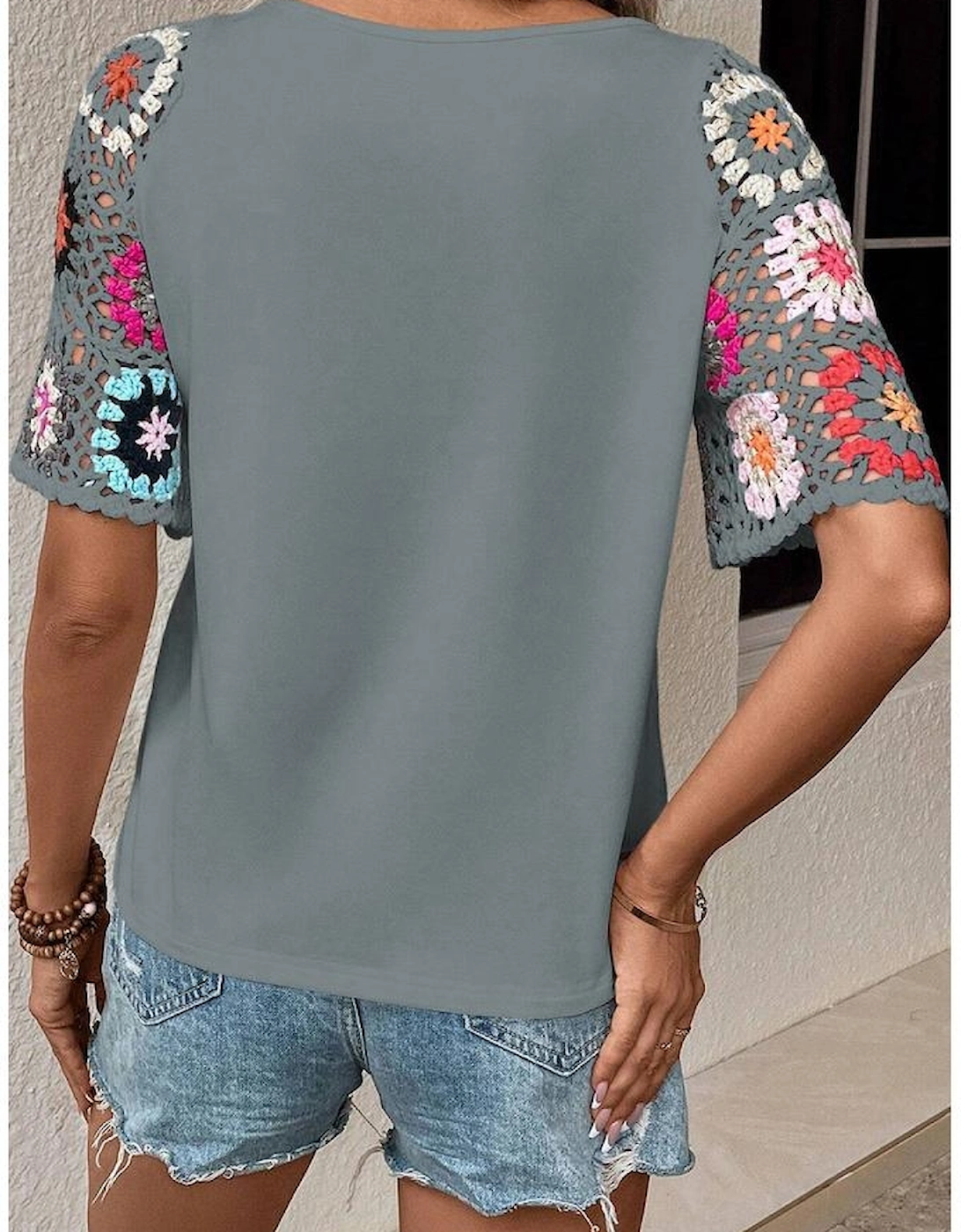 Medium Grey Floral Crochet Short Sleeve Top, 9 of 8