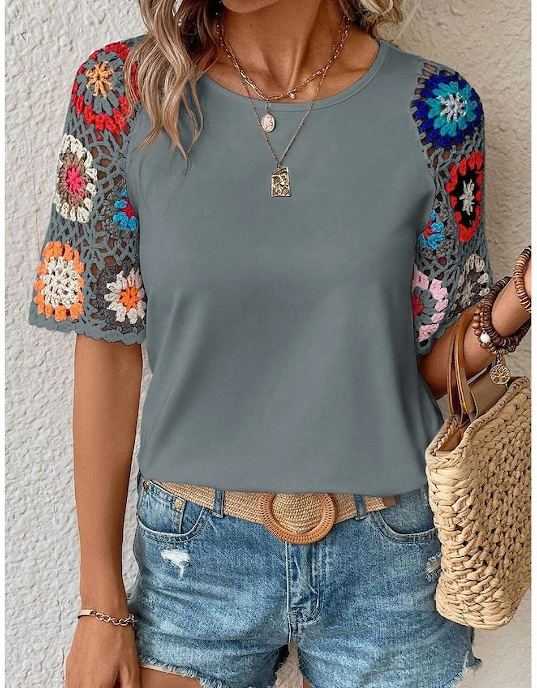Medium Grey Floral Crochet Short Sleeve Top