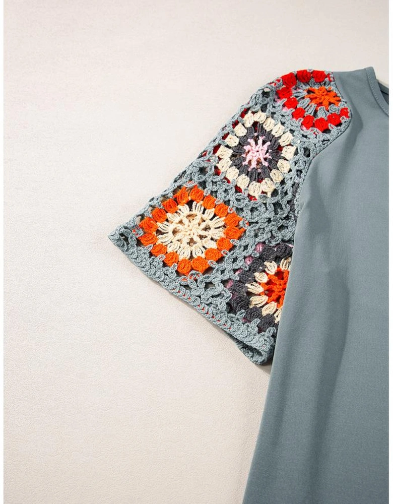 Medium Grey Floral Crochet Short Sleeve Top