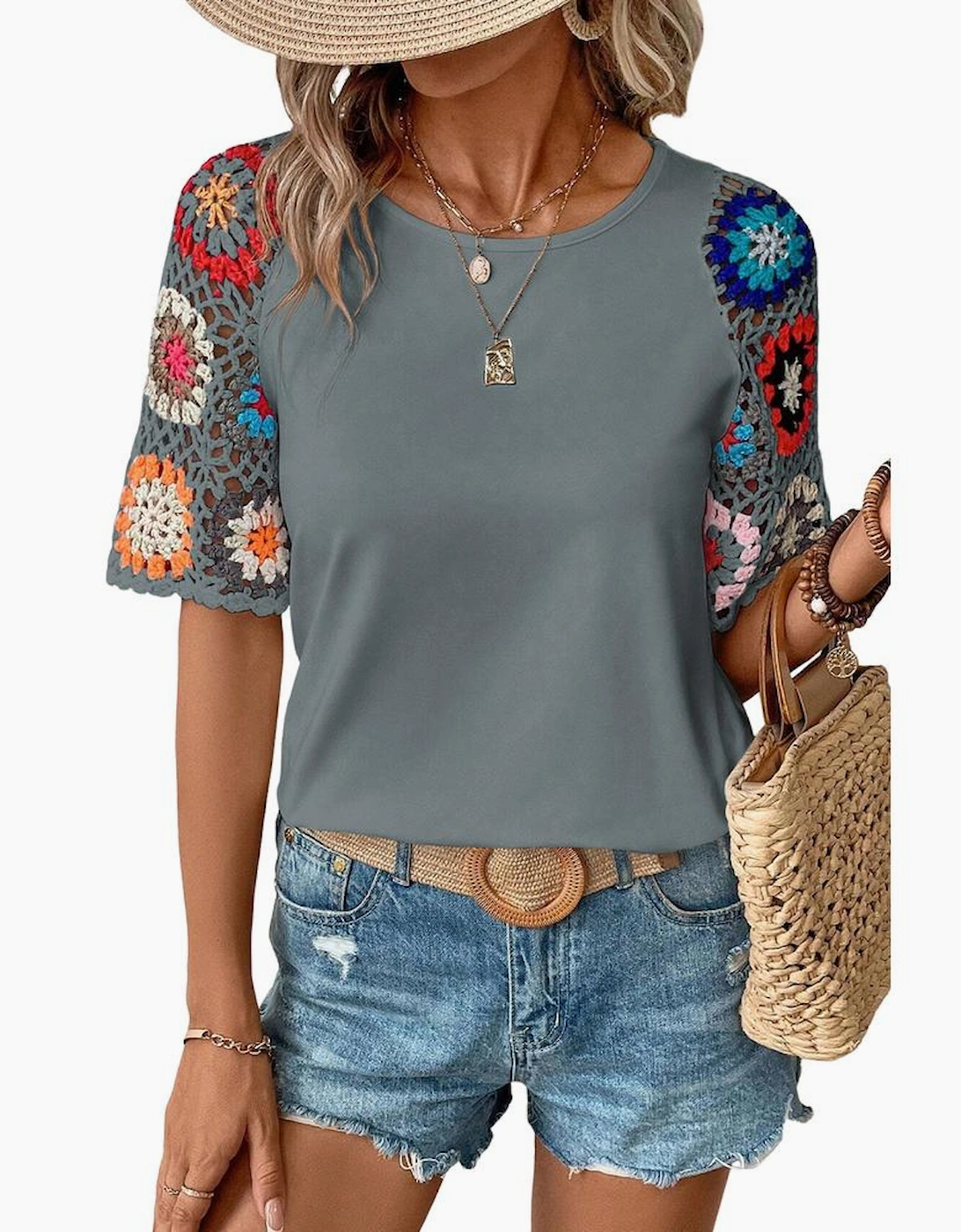 Medium Grey Floral Crochet Short Sleeve Top