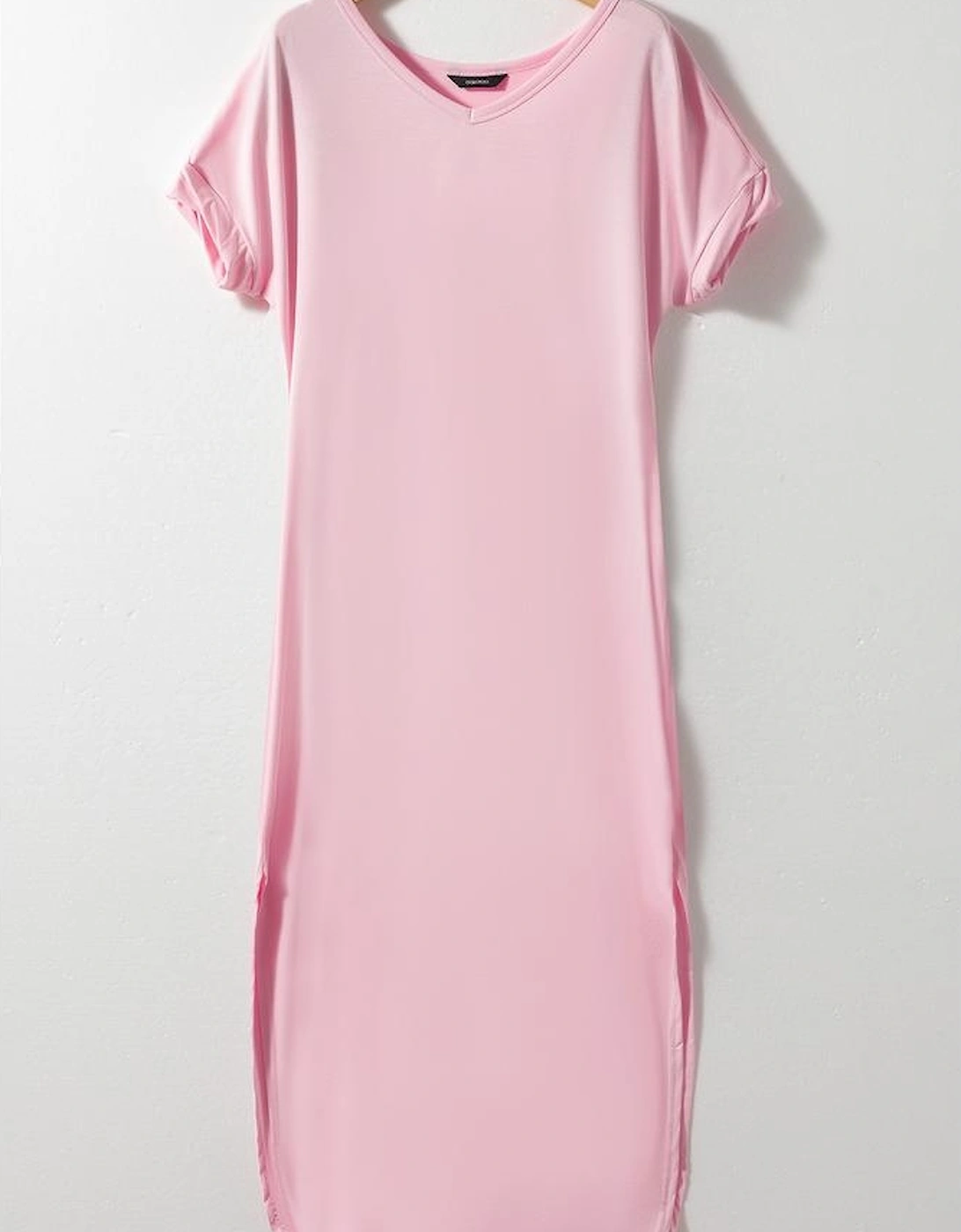 Pink V Neck Hidden Pocket Splits Maxi T-shirt Dress