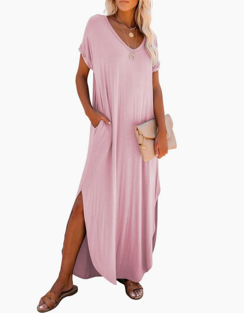 Pink V Neck Hidden Pocket Splits Maxi T-shirt Dress