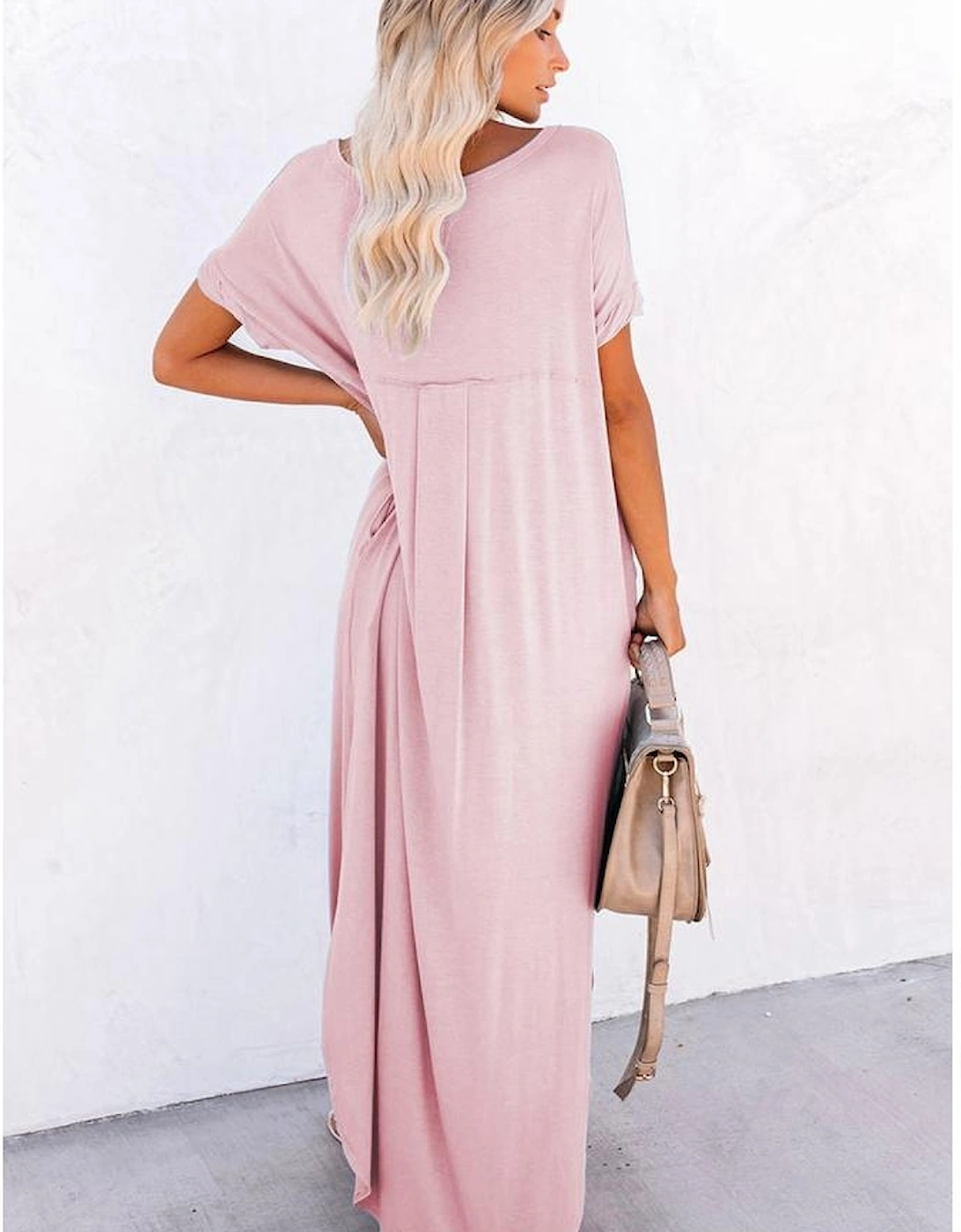 Pink V Neck Hidden Pocket Splits Maxi T-shirt Dress