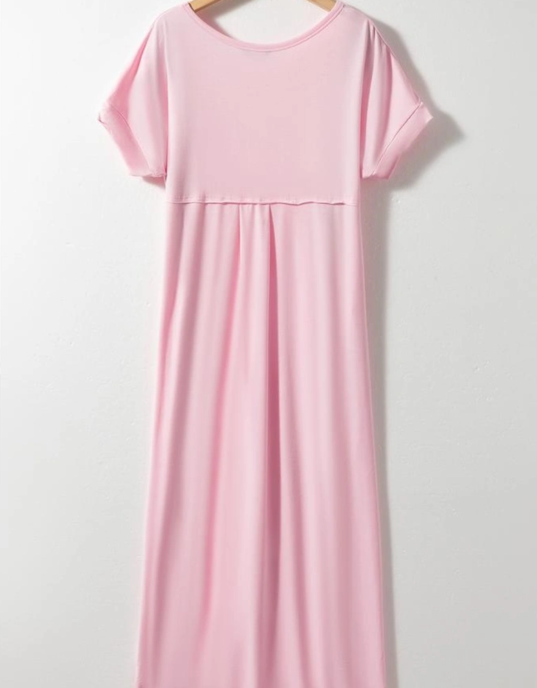 Pink V Neck Hidden Pocket Splits Maxi T-shirt Dress