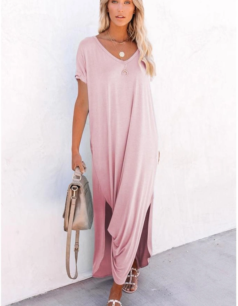 Pink V Neck Hidden Pocket Splits Maxi T-shirt Dress