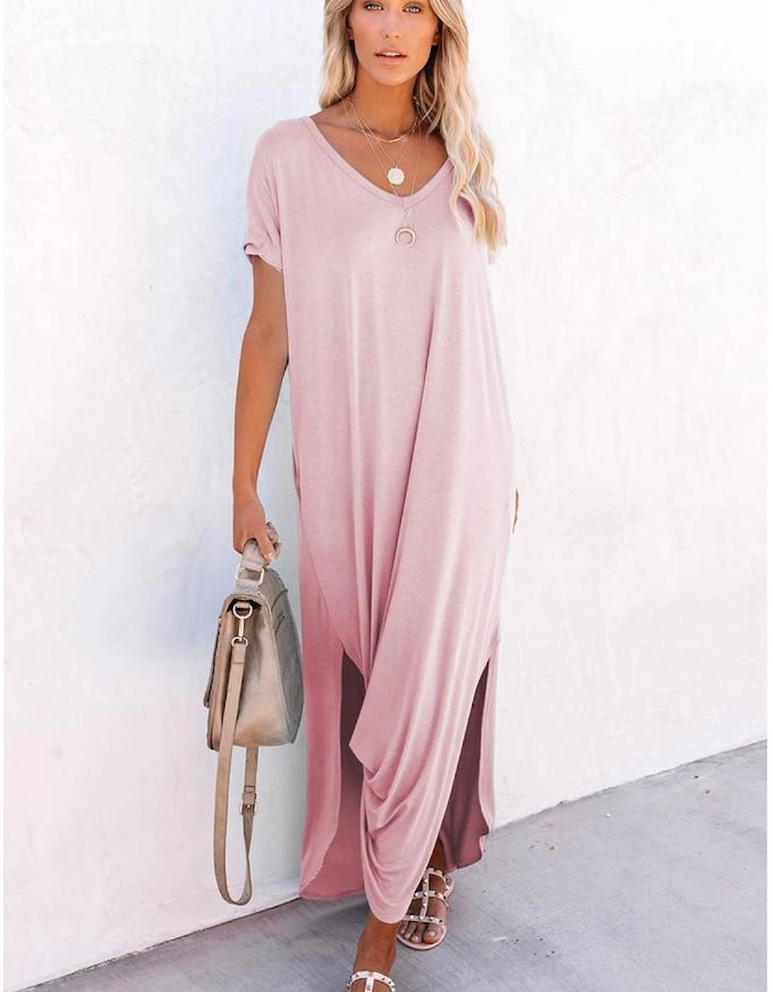 Pink V Neck Hidden Pocket Splits Maxi T-shirt Dress