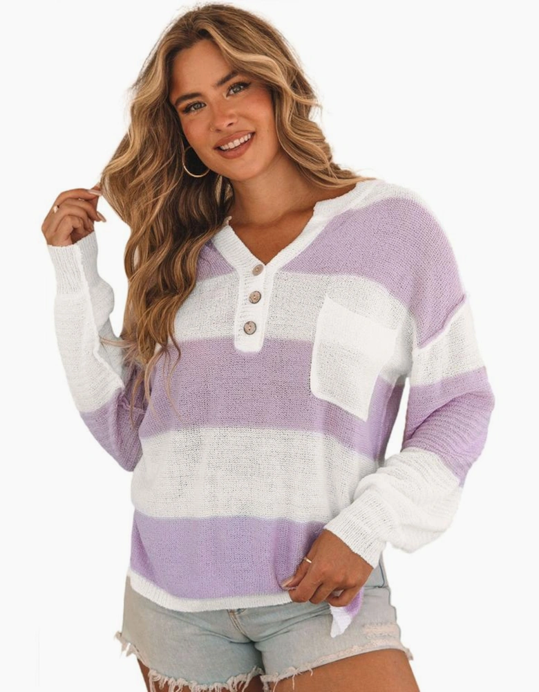 Pink Striped Knit Button Ribbed Split Neck Sweater
