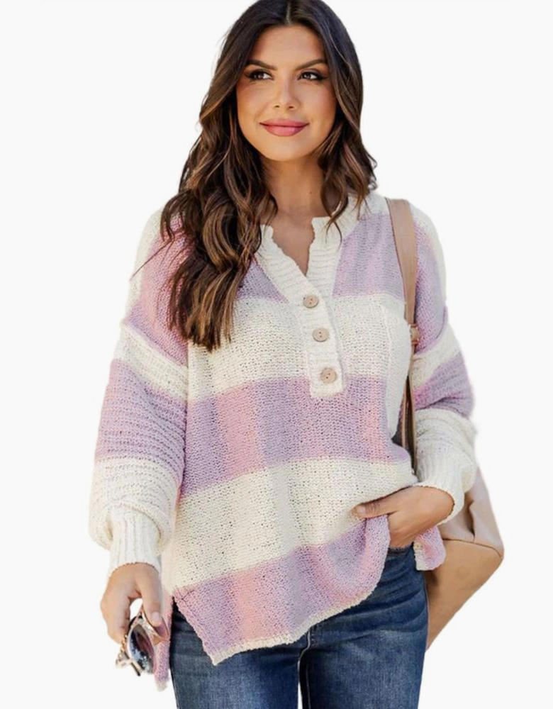 Pink Striped Knit Button Ribbed Split Neck Sweater