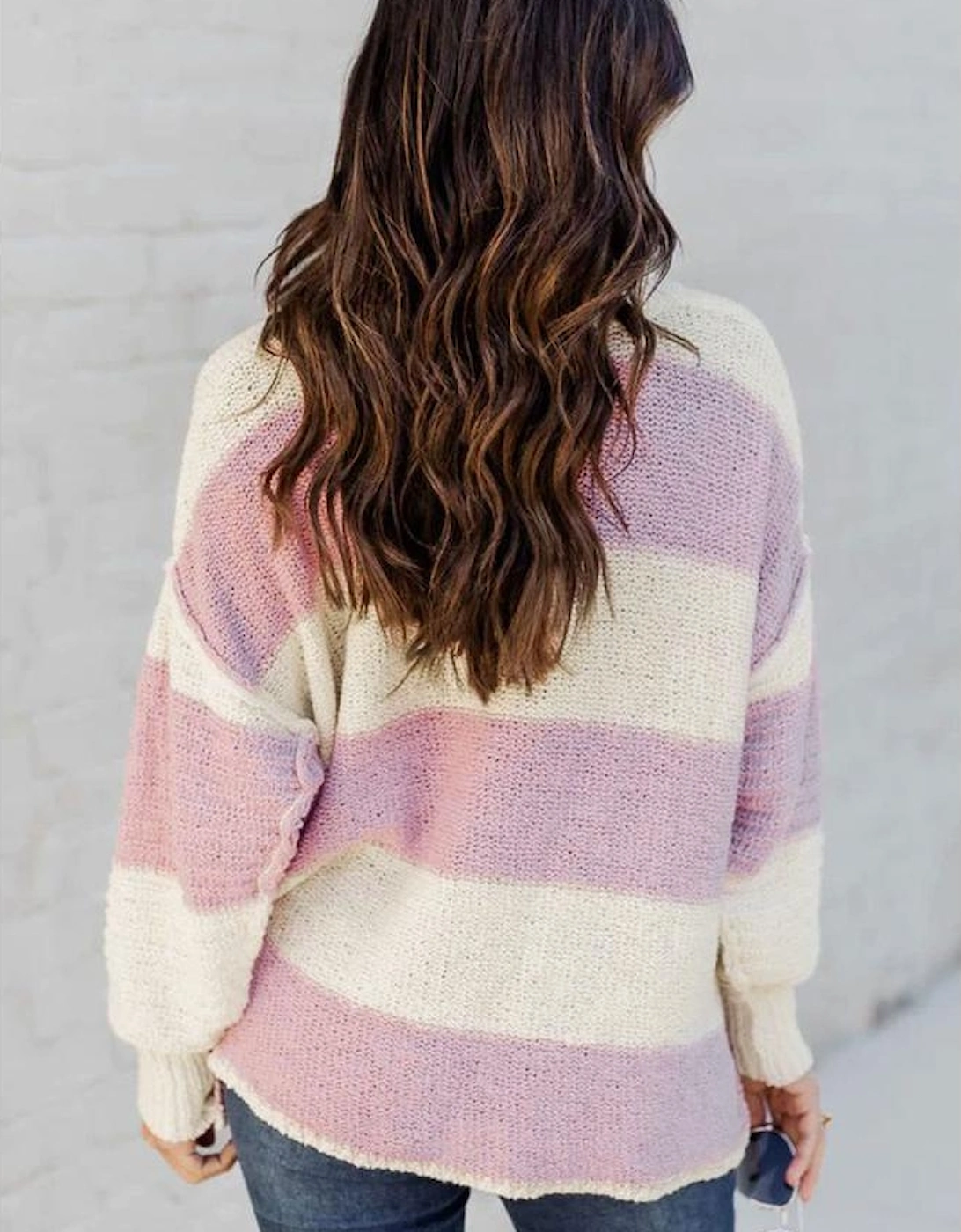 Pink Striped Knit Button Ribbed Split Neck Sweater