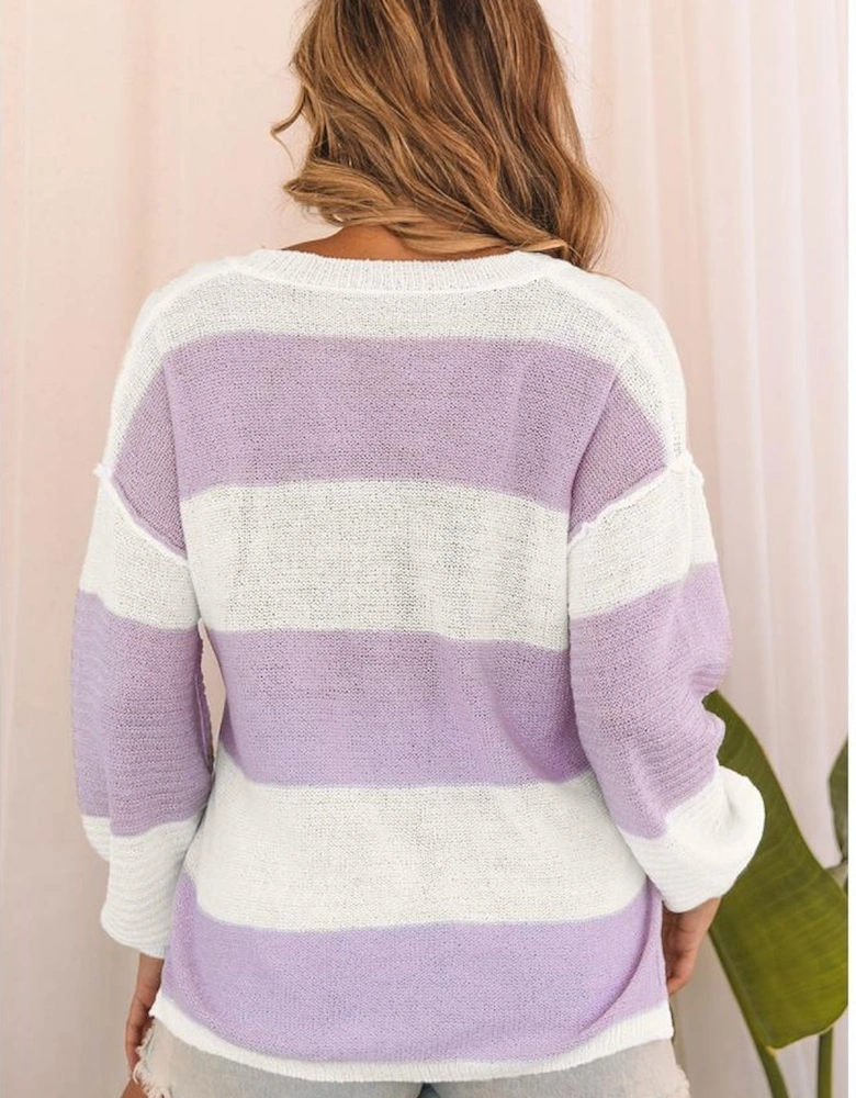 Pink Striped Knit Button Ribbed Split Neck Sweater
